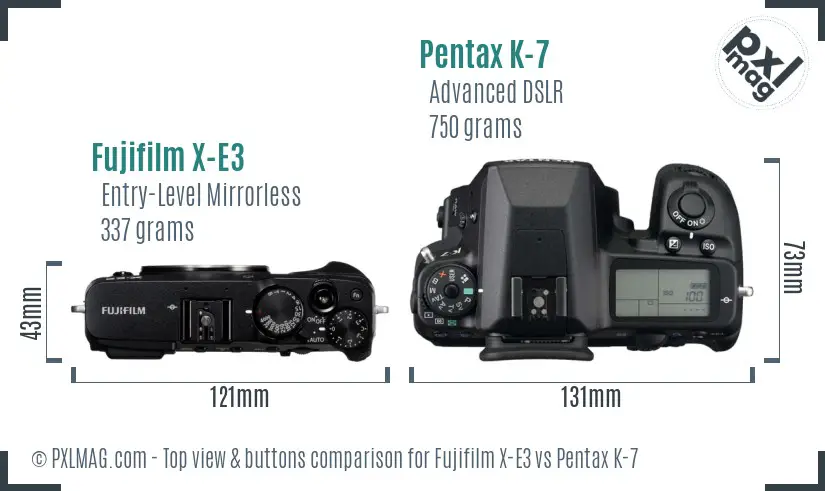 Fujifilm X-E3 vs Pentax K-7 top view buttons comparison