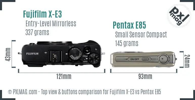 Fujifilm X-E3 vs Pentax E85 top view buttons comparison