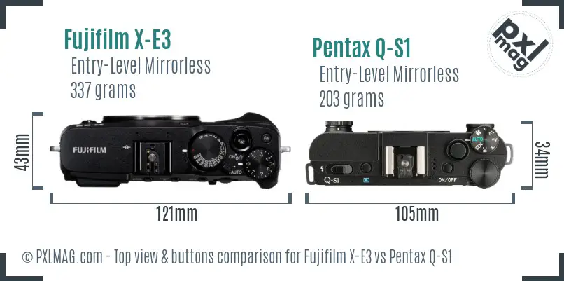 Fujifilm X-E3 vs Pentax Q-S1 top view buttons comparison