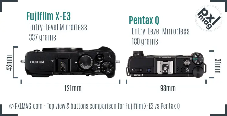 Fujifilm X-E3 vs Pentax Q top view buttons comparison