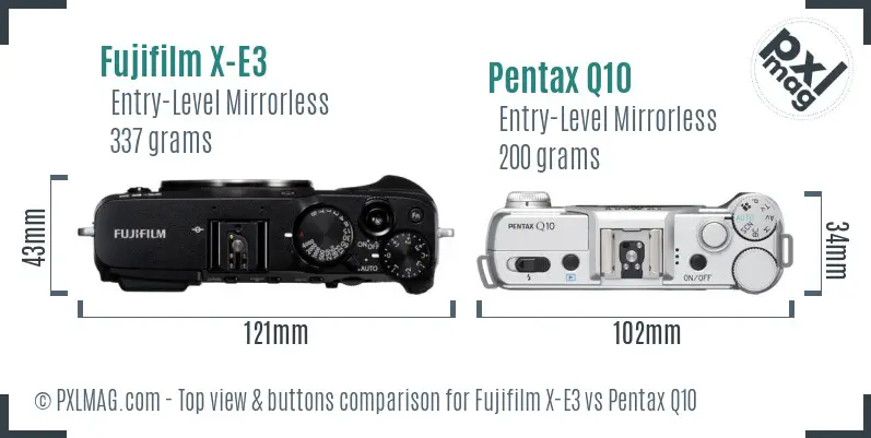 Fujifilm X-E3 vs Pentax Q10 top view buttons comparison