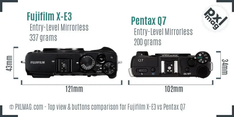 Fujifilm X-E3 vs Pentax Q7 top view buttons comparison