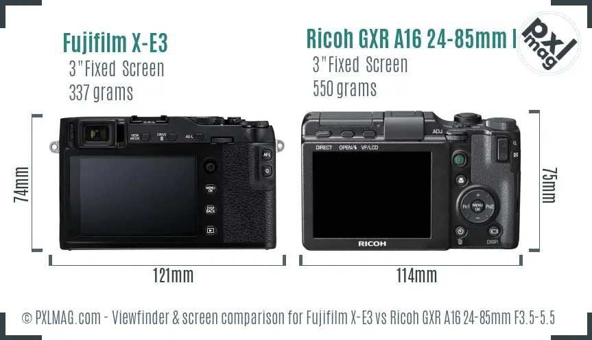 Fujifilm X-E3 vs Ricoh GXR A16 24-85mm F3.5-5.5 Screen and Viewfinder comparison Fujifilm X-E3 vs Ricoh GXR A16 24-85mm F3.5-5.5 Screen and Viewfinder comparison