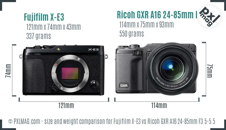 Fujifilm X-E3 vs Ricoh GXR A16 24-85mm F3.5-5.5 size comparison Fujifilm X-E3 vs Ricoh GXR A16 24-85mm F3.5-5.5 size comparison