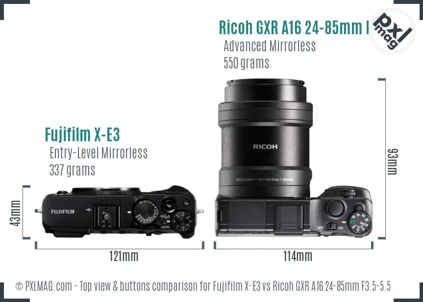 Fujifilm X-E3 vs Ricoh GXR A16 24-85mm F3.5-5.5 top view buttons comparison Fujifilm X-E3 vs Ricoh GXR A16 24-85mm F3.5-5.5 top view buttons comparison