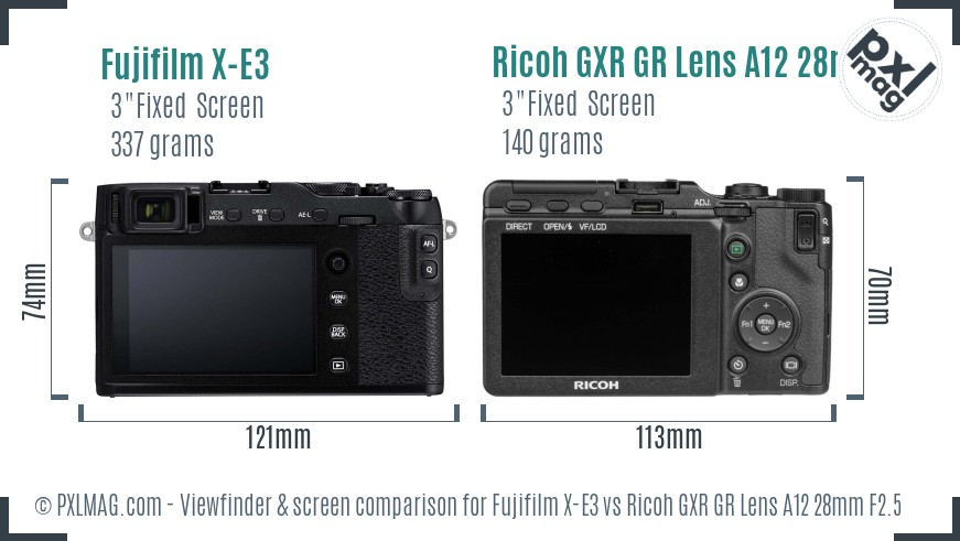 Fujifilm X-E3 vs Ricoh GXR GR Lens A12 28mm F2.5 Screen and Viewfinder comparison
