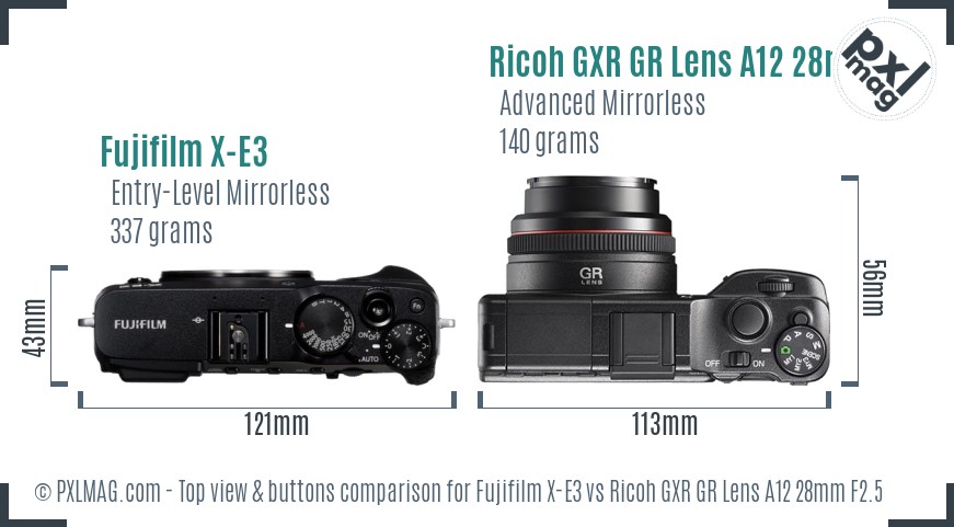 Fujifilm X-E3 vs Ricoh GXR GR Lens A12 28mm F2.5 top view buttons comparison
