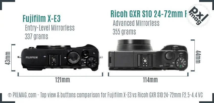 Fujifilm X-E3 vs Ricoh GXR S10 24-72mm F2.5-4.4 VC top view buttons comparison