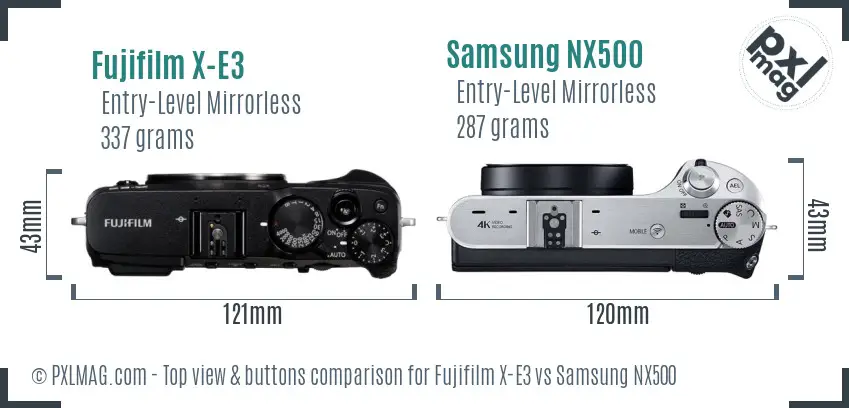 Fujifilm X-E3 vs Samsung NX500 top view buttons comparison