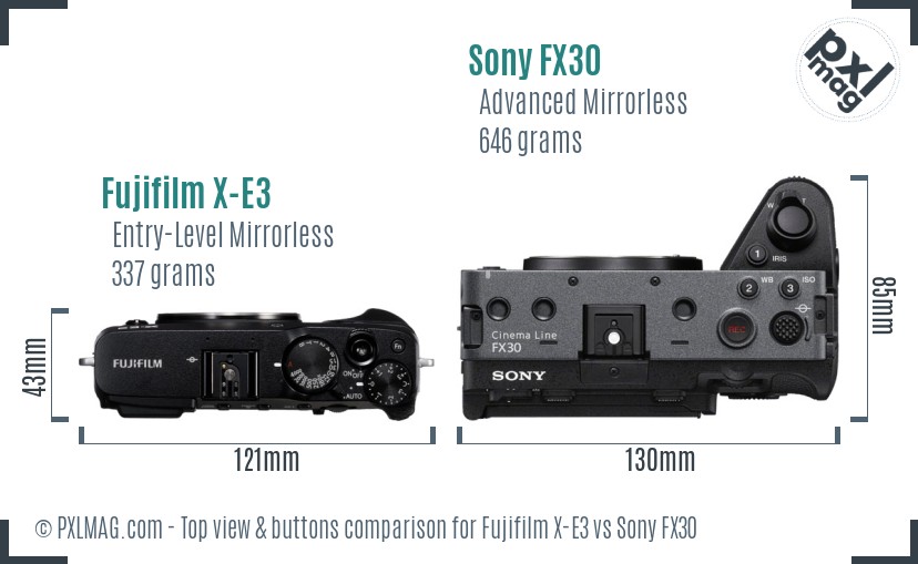 Fujifilm X-E3 vs Sony FX30 top view buttons comparison