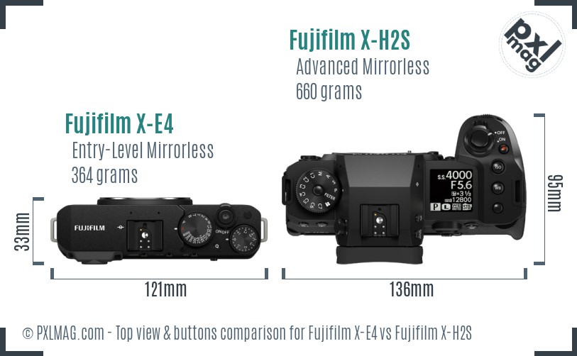 Fujifilm X-E4 vs Fujifilm X-H2S top view buttons comparison