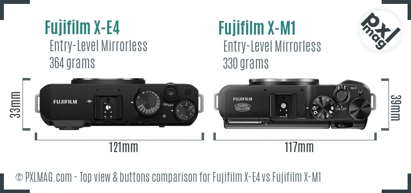 Fujifilm X-E4 vs Fujifilm X-M1 top view buttons comparison