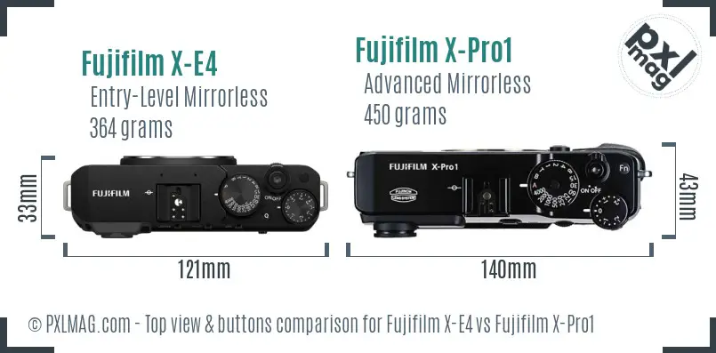 Fujifilm X-E4 vs Fujifilm X-Pro1 top view buttons comparison