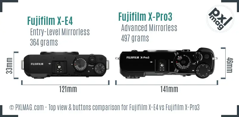 Fujifilm X-E4 vs Fujifilm X-Pro3 top view buttons comparison