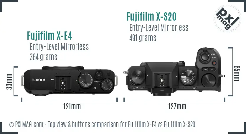 Fujifilm X-E4 vs Fujifilm X-S20 top view buttons comparison