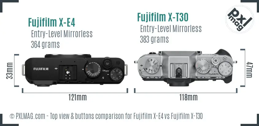 Fujifilm X-E4 vs Fujifilm X-T30 top view buttons comparison
