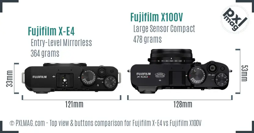 Fujifilm X-E4 vs Fujifilm X100V top view buttons comparison