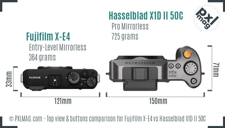 Fujifilm X-E4 vs Hasselblad X1D II 50C top view buttons comparison