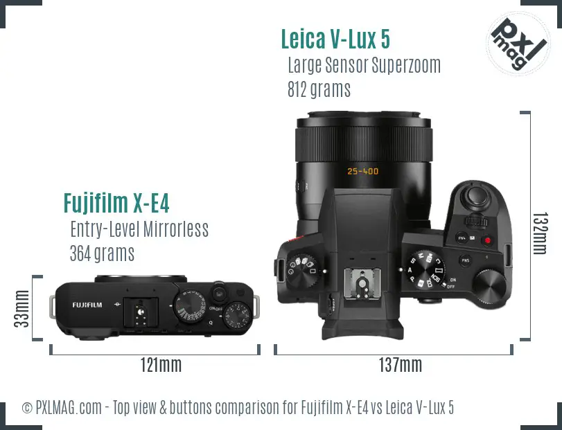Fujifilm X-E4 vs Leica V-Lux 5 top view buttons comparison