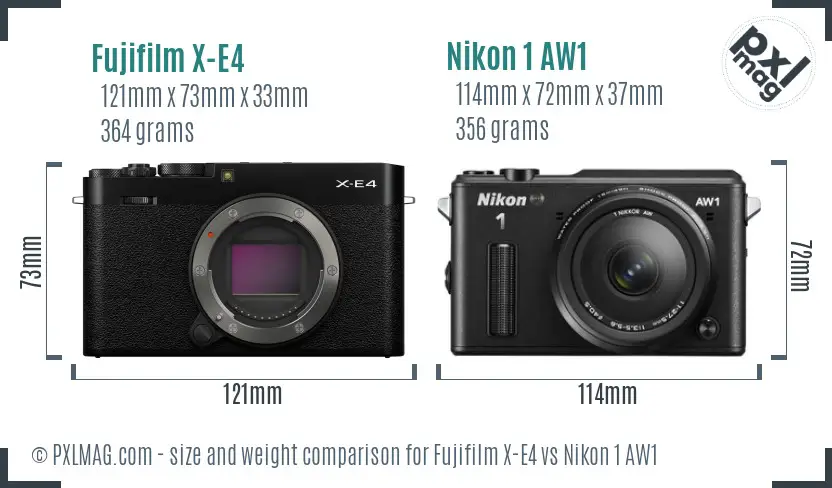Fujifilm X-E4 vs Nikon 1 AW1 size comparison