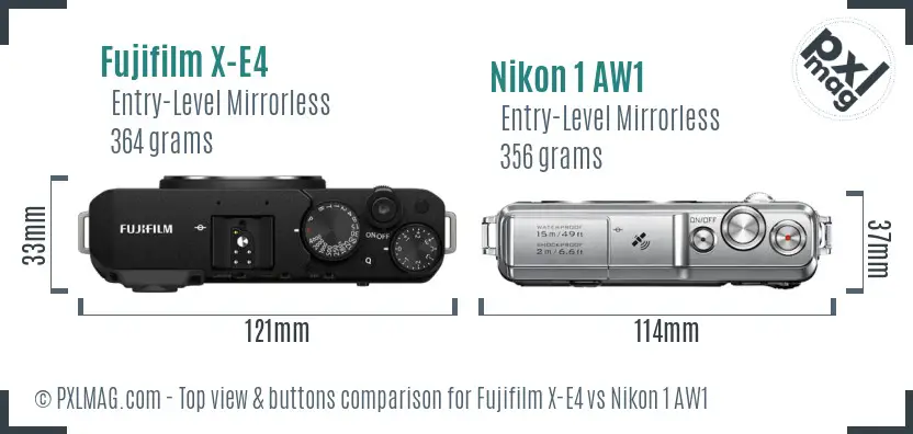 Fujifilm X-E4 vs Nikon 1 AW1 top view buttons comparison