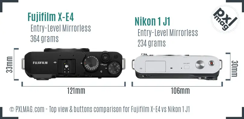 Fujifilm X-E4 vs Nikon 1 J1 top view buttons comparison