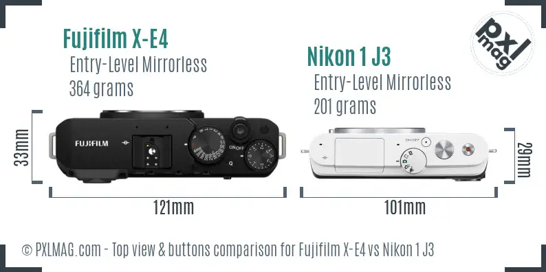 Fujifilm X-E4 vs Nikon 1 J3 top view buttons comparison
