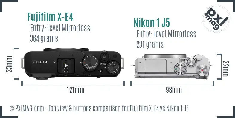 Fujifilm X-E4 vs Nikon 1 J5 top view buttons comparison