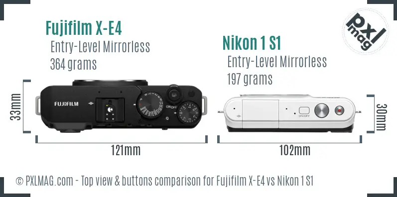 Fujifilm X-E4 vs Nikon 1 S1 top view buttons comparison