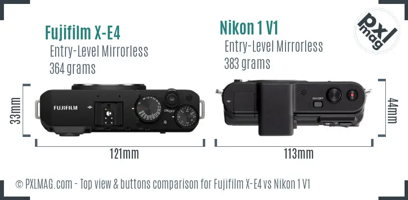 Fujifilm X-E4 vs Nikon 1 V1 top view buttons comparison
