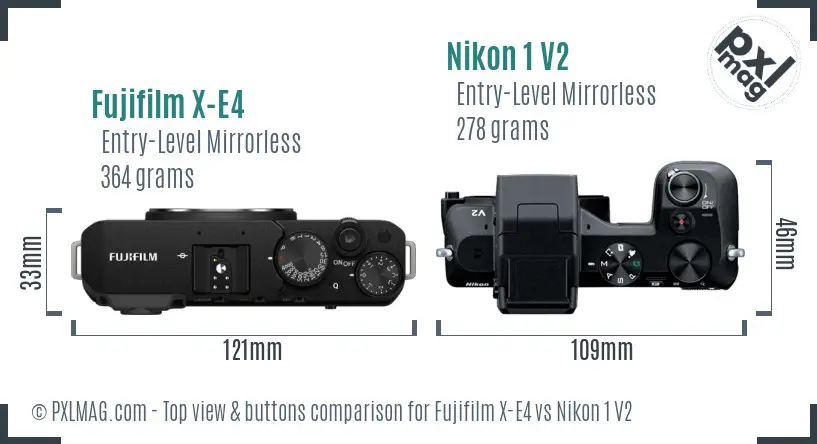 Fujifilm X-E4 vs Nikon 1 V2 top view buttons comparison