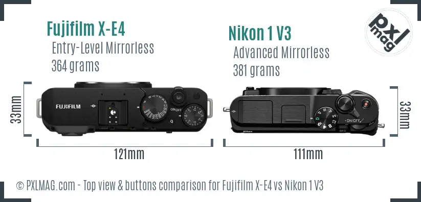 Fujifilm X-E4 vs Nikon 1 V3 top view buttons comparison