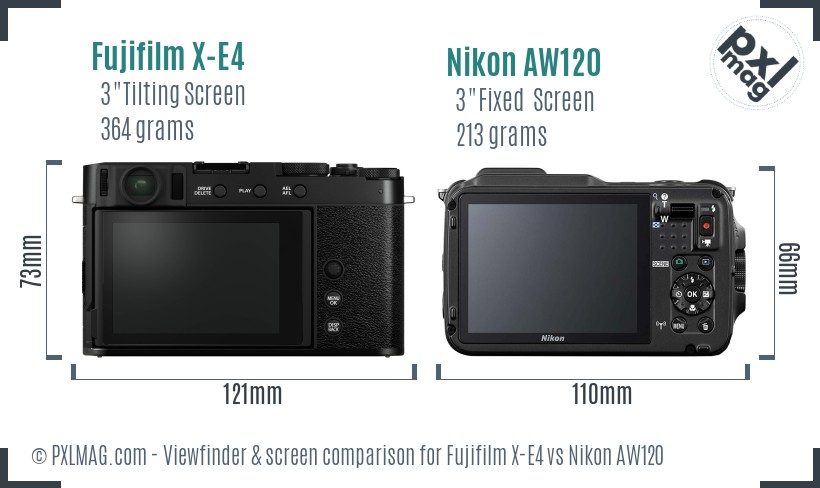 Fujifilm X-E4 vs Nikon AW120 Screen and Viewfinder comparison