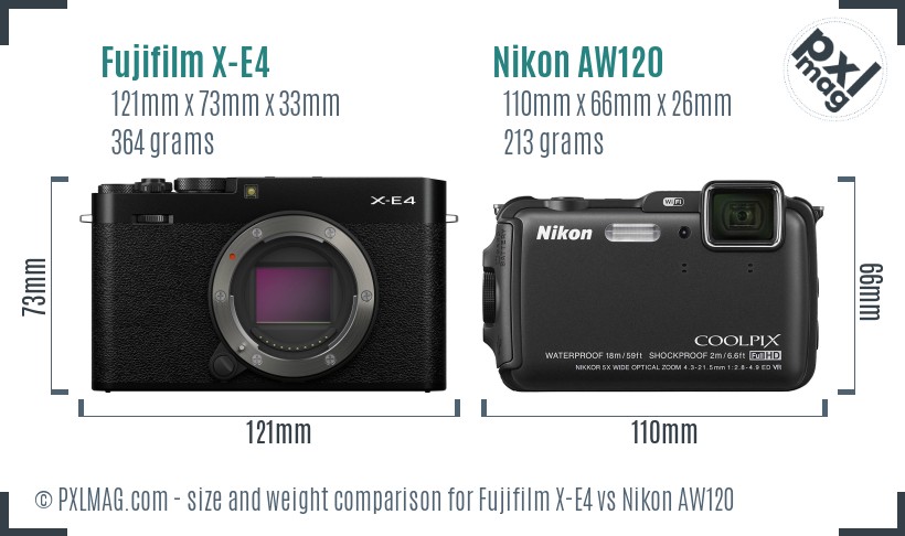 Fujifilm X-E4 vs Nikon AW120 size comparison
