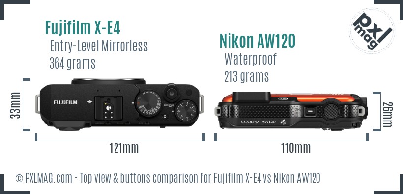 Fujifilm X-E4 vs Nikon AW120 top view buttons comparison