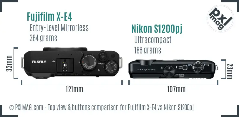 Fujifilm X-E4 vs Nikon S1200pj top view buttons comparison