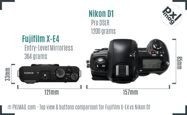 Fujifilm X-E4 vs Nikon D1 top view buttons comparison