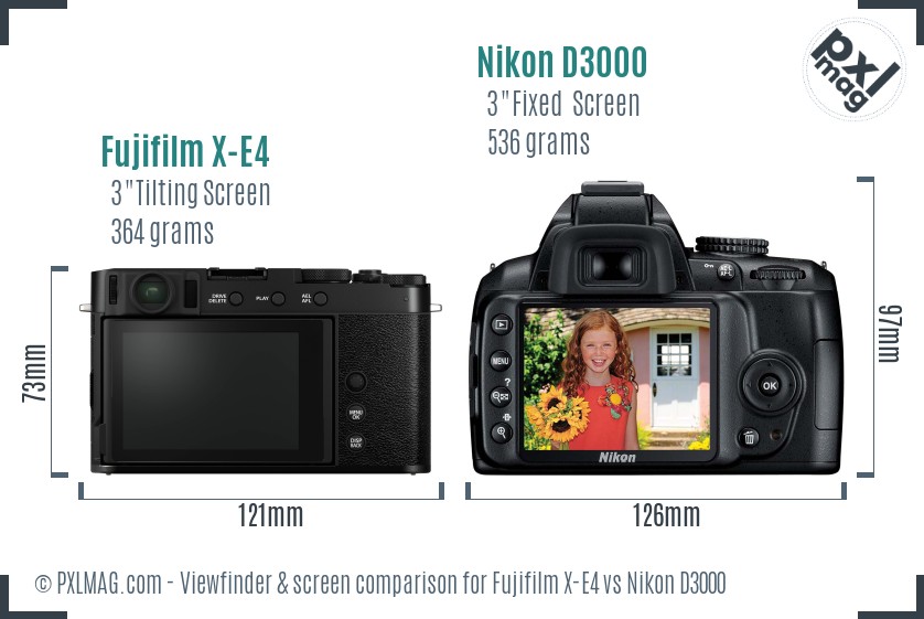 Fujifilm X-E4 vs Nikon D3000 Screen and Viewfinder comparison