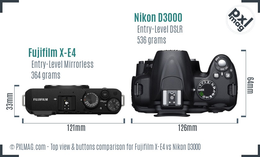 Fujifilm X-E4 vs Nikon D3000 top view buttons comparison