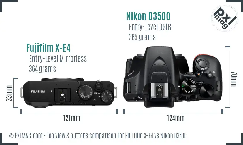 Fujifilm X-E4 vs Nikon D3500 top view buttons comparison