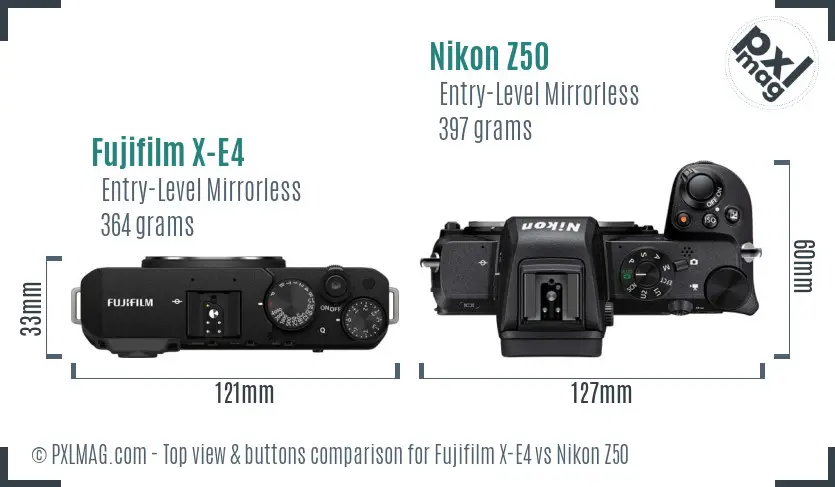 Fujifilm X-E4 vs Nikon Z50 top view buttons comparison