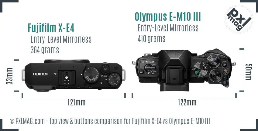 Fujifilm X-E4 vs Olympus E-M10 III top view buttons comparison