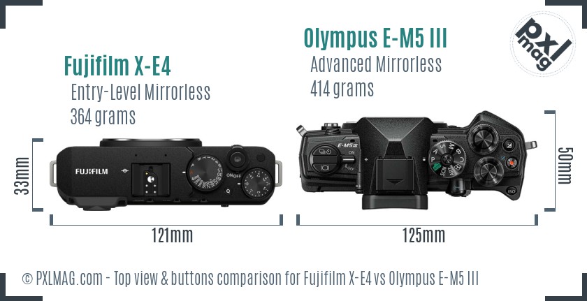 Fujifilm X-E4 vs Olympus E-M5 III top view buttons comparison