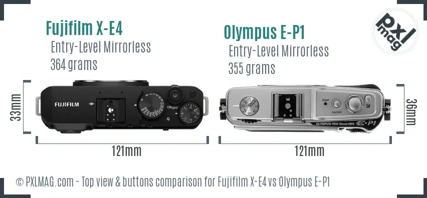 Fujifilm X-E4 vs Olympus E-P1 top view buttons comparison