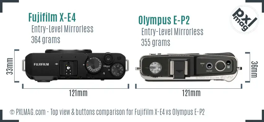 Fujifilm X-E4 vs Olympus E-P2 top view buttons comparison