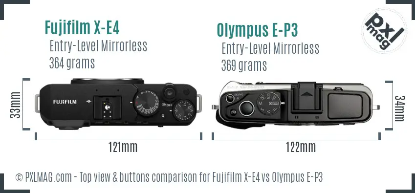 Fujifilm X-E4 vs Olympus E-P3 top view buttons comparison
