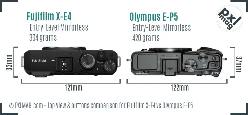 Fujifilm X-E4 vs Olympus E-P5 top view buttons comparison