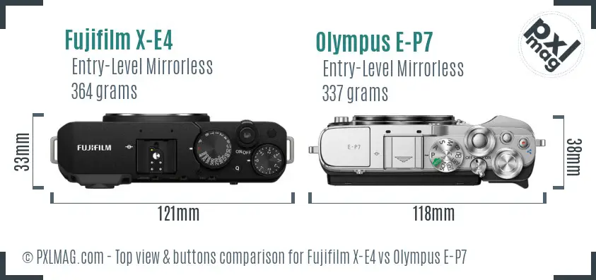 Fujifilm X-E4 vs Olympus E-P7 top view buttons comparison