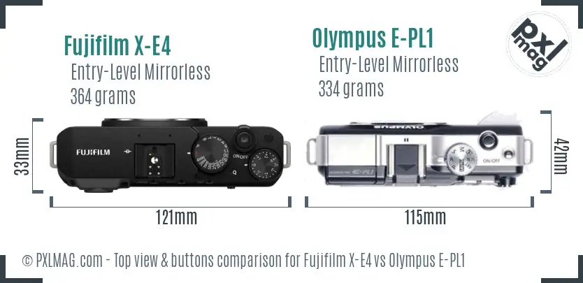Fujifilm X-E4 vs Olympus E-PL1 top view buttons comparison
