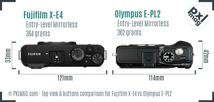 Fujifilm X-E4 vs Olympus E-PL2 top view buttons comparison